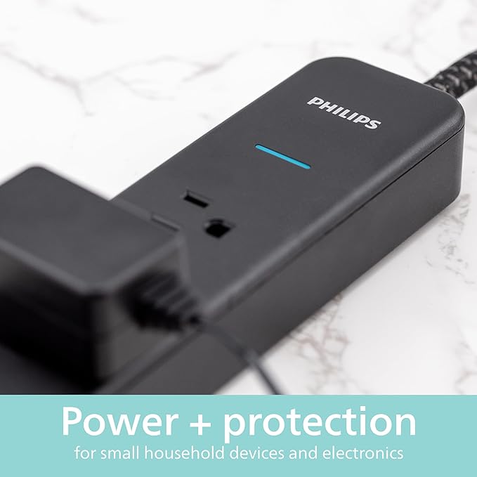 PHILIPS 4-Outlet Surge Protector Power Strip, 450J, Adapter-Spaced, 4ft Braided Cord, Outlet Extender, Extension Cord, for Home School or Office, Black, SPP3503B/37