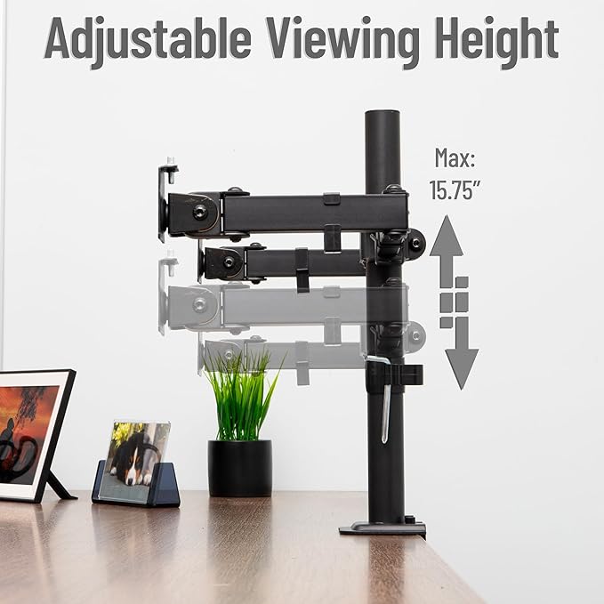 Mind Reader Dual Monitor Desk Mount for 13"-32" Screens, Adjustable VESA Mount with 180° Rotation, ±90° Swivel, ±45° Tilt, Integrated Cable Management, 17.6 lb Capacity Each, Black