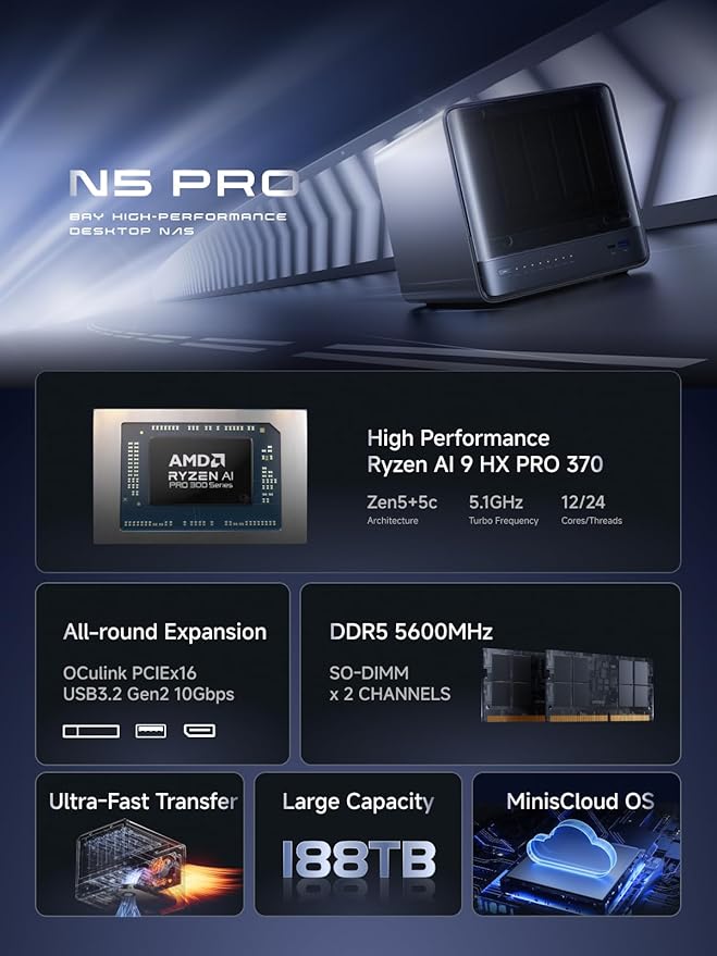 MINISFORUM Desktop NAS N5 Pro 5 Bay 128GB SSD,AMD Ryzen AI 9 HX PRO 370(12C/24T) DDR5 RAM Slots, 1*10Gbe,1*5Gbe, 2*USB4(8K), 8K HDMI,1xM.2 Slot & 2xU.2/M.2 Slots Up to 188T, Network Attached Storage