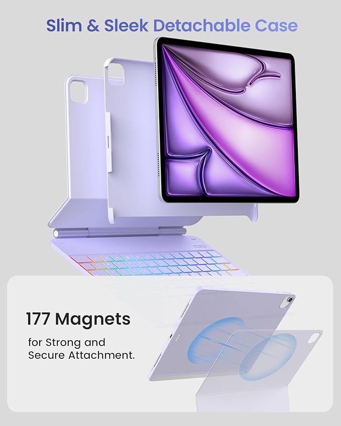 typecase Edge+ Keyboard Case for iPad Air 13"(M4/M3/M2, 2026/2025/2024) & iPad Pro 12.9"(3/4/5/6th Gen),Ultra-Slim Detachable Case,Portrait &Typing Modes,11-Color Backlight,Magnetic Stand,Light Purple
