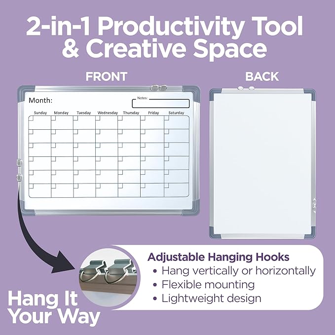 Large White Board Calendar Dry Erase Planner, Dual Side Magnetic Whiteboard for Fridge, Family Calendar Planning Boards w/Movable Hooks, Monthly Whiteboard with Lines, Memo, Pens & Eraser (16x12)