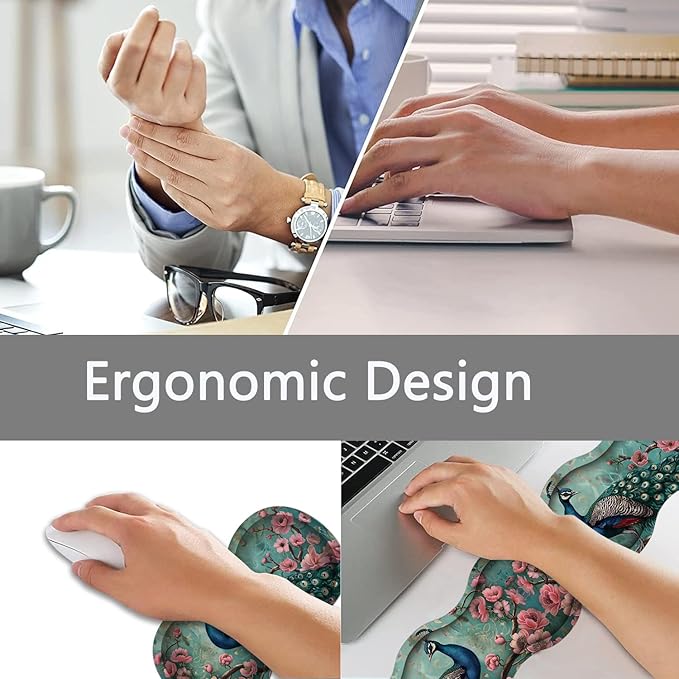 Large Gaming Mouse Pad + Keyboard Wrist Rest + Wrist Support + Coaster Set, Memory Foam Ergonomic for Easy Typing, XXL Extended Gaming Mouse Pad Table Pad - Peacock