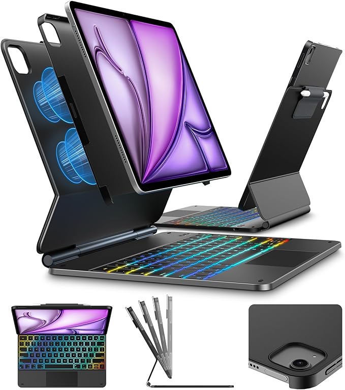 typecase Edge+ Keyboard Case for iPad Air 13"(M4/M3/M2, 2026/2025/2024) & iPad Pro 12.9"(3/4/5/6th Gen), Ultra-Slim Detachable Case, Portrait & Typing Modes, 11-Color Backlight, Magnetic Stand, Black