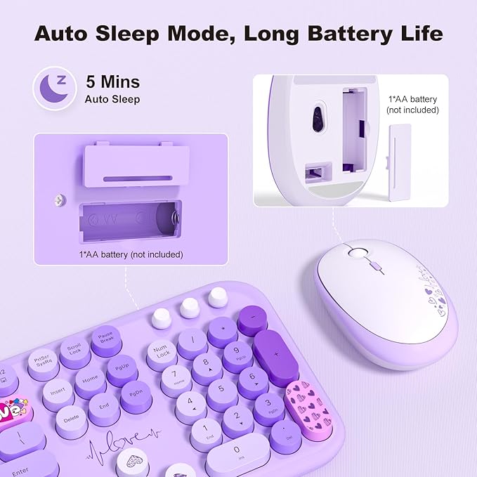 MOFII Wireless Keyboard and Mouse Combo, Cute Colorful Full Size Keyboard and Adjustable Mouse, 2.4GHz Retro Typewriter Keyboard and Mouse Set for PC/Desktop/Laptop/Windows (Purple Colorful)