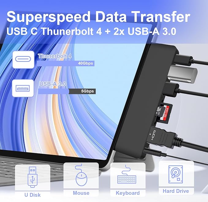 Surface Pro 12 USB Hub Adapter, Docking Station with 4K HDMI, USB-C Thunderbolt 4 (Display+Data+100W PD), 2 USB 3.0, 3.5mm Audio, SD/TF Card Slot, Accessories for Surface Pro 12 inch 2025