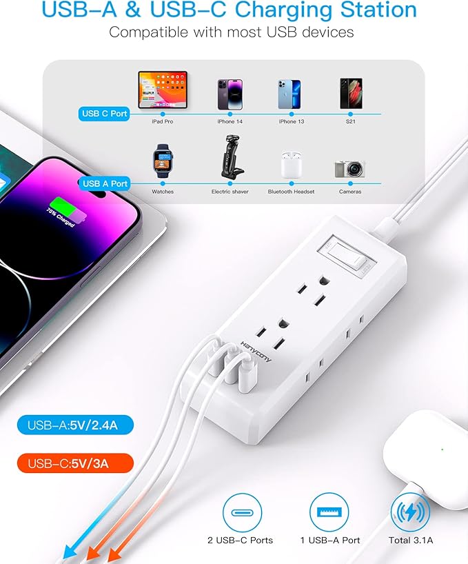 Extension Cord 10 ft, HANYCONY Flat Plug Power Strip with 6 Outlets and 3 USB Ports (2 USB C), Ultra-Thin Extension Cord, Wall Mountable, Long Cord for College Dorm Room, Office Home Essentials