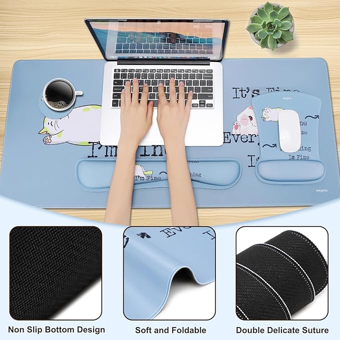MEGREZ 4-in-1 Ergonomic Memory Foam Wrist Rest Set, Desk Pad, Mouse Pad with Wrist Rest, Keyboard Pad, Suitable for Office Workers, Programmers & Gamers–Relieve Typing & Gaming Fatigue, Grey
