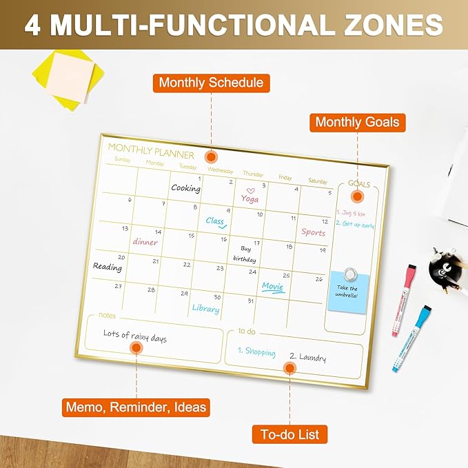 Dry Erase Calendar Whiteboard for Wall, 24'' x 18'' Monthly White Board Planner with Gold Frame, Magetic Hanging Wipe Board for Home Office School Dorm