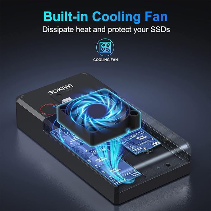 Sokiwi 10Gbps NVMe Docking Station with Cooling Fan - Dual-Bay Offline Clone Tool-Free NVMe M.2 SSD Enclosure for 2230/2242/2260/2280 SSDs (up to 8TB)