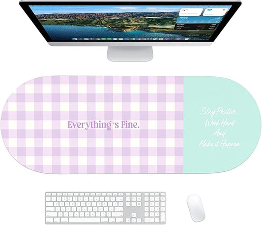 Checkered Pattern Desk Pad Protector, 35.5 x 13'' Aesthetic Mouse Mat for Desktop, Waterproof PU Leathe Non-Slip Desk Writing Pad for Office and Home, Purple and Blue