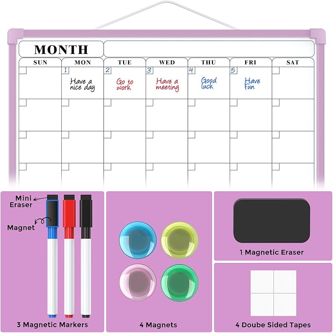 MaxGear Monthly Calendar Dry Erase Board for Wall, 16"x12" Small Hanging Double-Sided White Board, Portable Whiteboard for Planning, Drawing, Memo, to Do List, School, Home, Office, Purple Frame