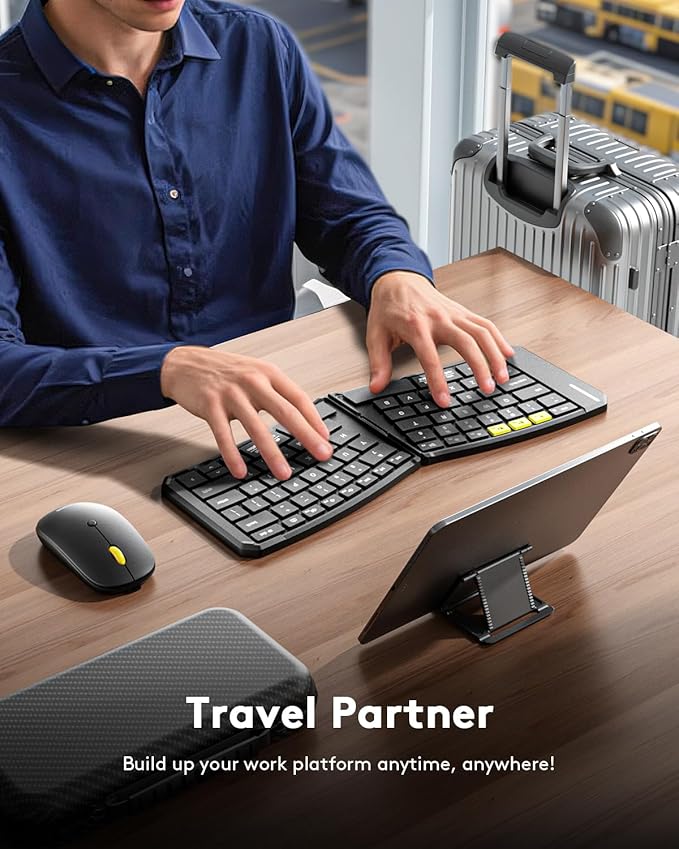 Ergonomic Foldable Keyboard and Mouse, Samsers KM09 Split Folding Bluetooth Keyboard Combo, 2.4G + BT5.0 x2, 6-Row Layout Portable Travel Keyboards & USB-C Wireless Mouse for iOS Android Windows MacOS
