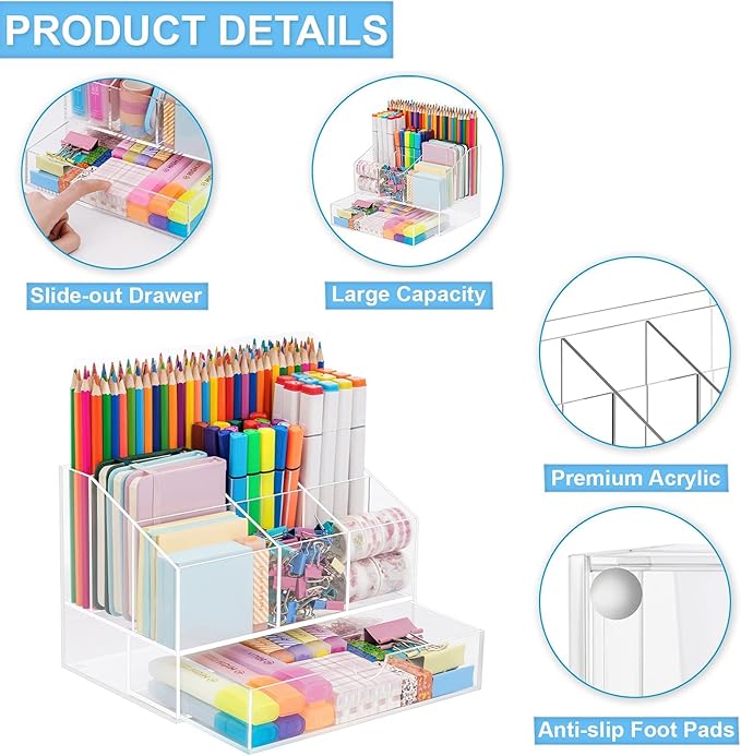 VITVITI Acrylic Desk Organizer, Upgraded Clear Pencil Organizer for Desk, 7 Compartments Stationary Pen Organizer Storage with Drawer, for Office Supply, 500+ Pencils Capacity