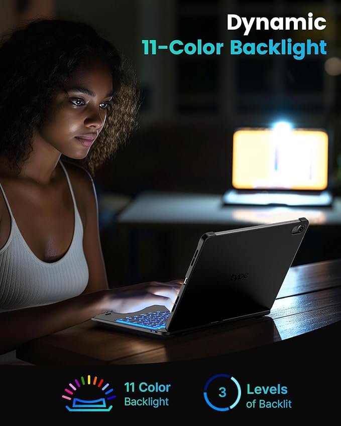 typecase Flexbook Keyboard Case for iPad 11th (A16, 2025) and iPad 10th Gen (10.9", 2022) – No Trackpad, 11-Color Backlight, 360° Rotatable, 7 Use Modes, Thin & Lightweight – Black