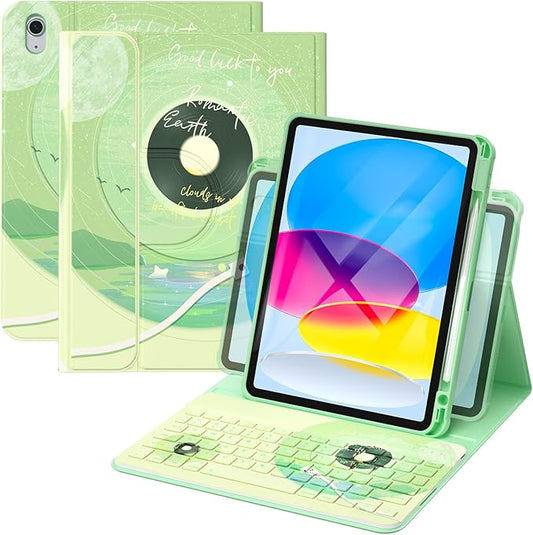YBING Keyboard Case for iPad 10th Gen 10.9 inch (2022) & 11th Gen (A16, 2025), Bluetooth Wireless Detachable Keyboard with Green Music Painted Patterns, 360 Rotatable Magnetic Case with Pencil Holder
