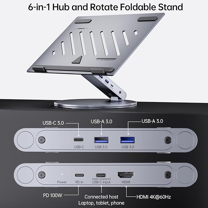 USB C Laptop Docking Station, 6 in 1 USB C Hub 4K@60Hz HDMI, 100W PD, 5Gbps Ports, 360° Rotating Adjustable Laptop Stand for MacBook Pro/Air Dell HP Lenovo, Universal Desk Dock - Gray