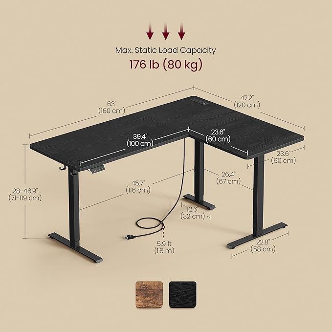 VASAGLE L Shaped Electric Standing Desk, 63 x 47.2 Inches, Height Adjustable Corner Desk with Power Outlets, 2 Memory Buttons, Easy to Assemble, for Home Office, Black ULSD242B01
