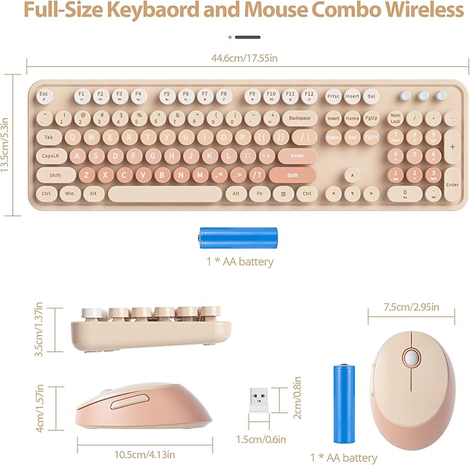 Cute Keyboard and Mouse Combo Wireless, 2.4G Full Size 104-Key Retro Typewriter Keyboards Round Keys for Students Teenagers Home Office PC Laptop(Diary Milk Tea)