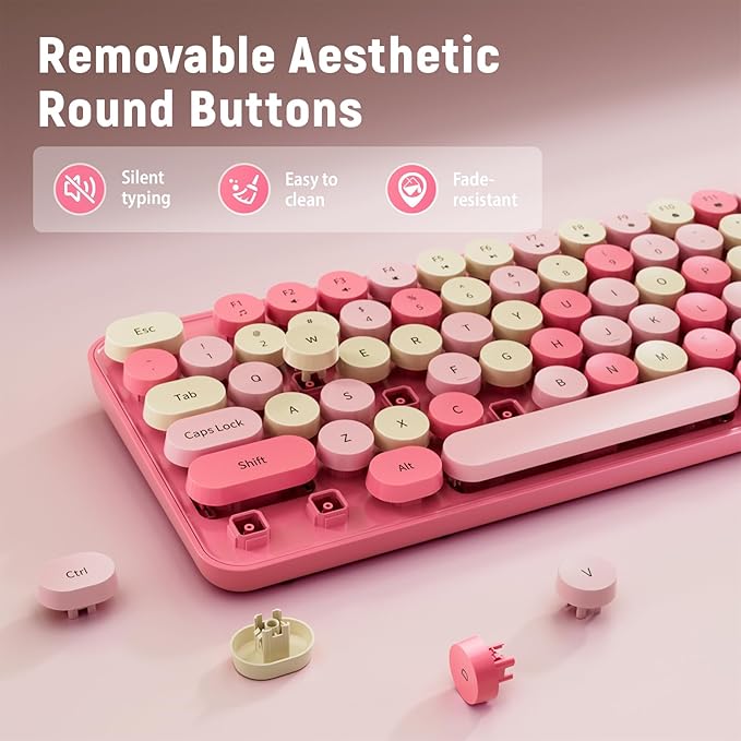 Wireless Keyboard and Mouse Combo, Round Keycaps, Retro Typewriter Keyboard Silent, Auto Sleep, 2.4G Wireless Connection for PC/Windows/Mac (Pink)