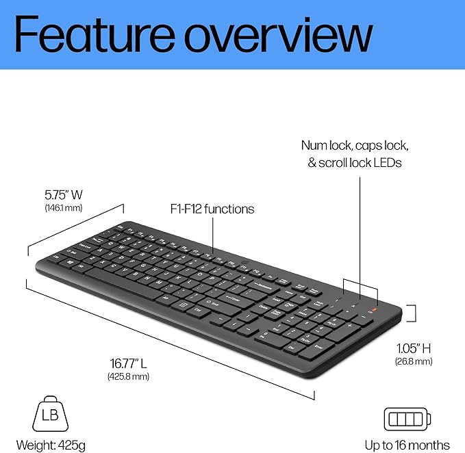 HP 220 Wireless Keyboard - 2.4GHz Connectivity w/Data Encryption - Low-Profile Chiclet Keys - Win/Mac - Laptop, PC Compatible - Shortcut Keys & Num Pad - LED Num, Caps, & Scroll Lock (‎‎805T2AA#ABA)