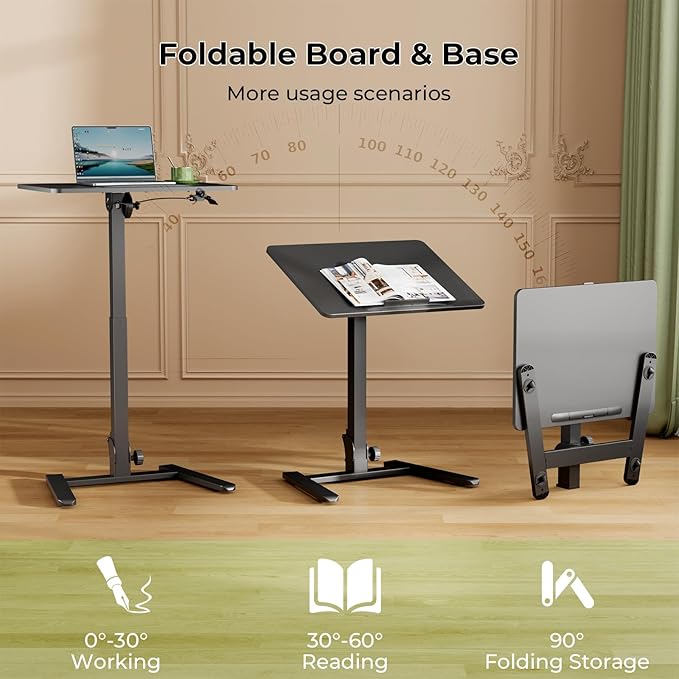 Foldable Standing Desk，Small Mobile Sit-Stand Desk with 90 Tiltable Top，Rolling Rising Laptop Workstation Adjustable Height，Portable Table on Hidden Wheels/4 Lockable Casters，Black