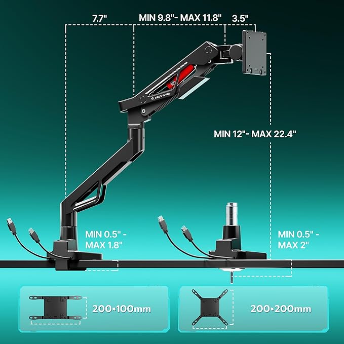 ARES WING Premium Monitor Arm, Ultrawide Monitor Stand up to 57“ and 66 Lbs, Gas Sprinq Monitor Mount with USB, Height Adjustable Arms Monitor Stand, Various VESA Mount with Clamp/Grommet Base
