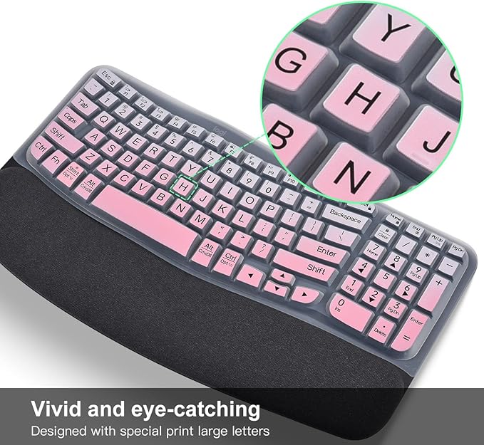 Large Print Keyboard Cover for Logitech Wave Keys MK670 Combo Keyboard Skin, Logitech Wave Keys Wireless Ergonomic Keyboard Cover Protector Skin, Logitechs Waves Key Accessories, Ombre Pink