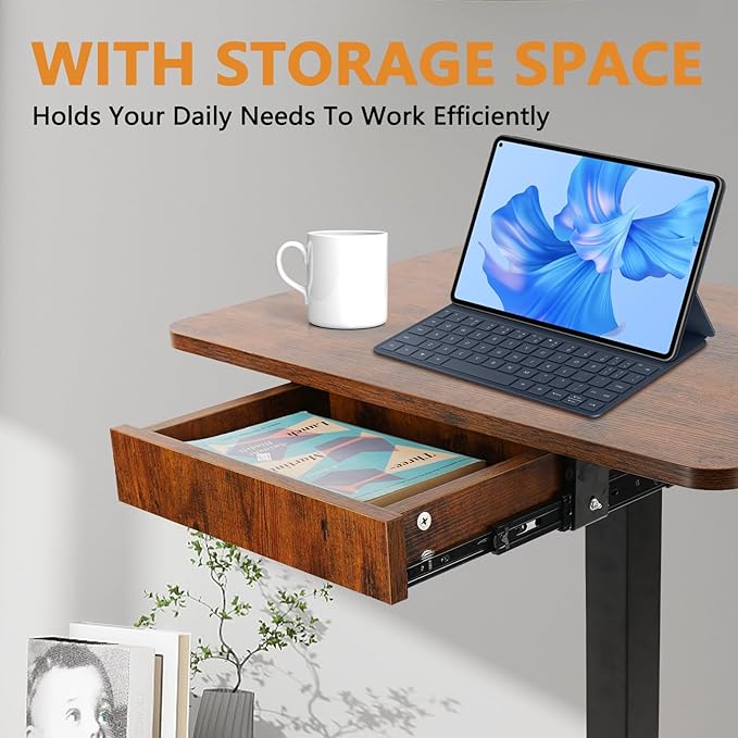 CLATINA Mobile Laptop Standing Desk, Height Adjustable Teacher Podium with Lockable Wheels, Adjustable Work Table with Drawer, Computer Cart Overbed Table for Home Office Classroom, Brown
