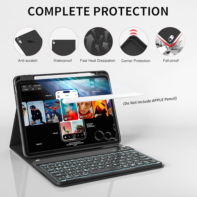 for iPad (A16) 11th Generation 2025 11-inch/10th Generation 2022 10.9 inch with Keyboard, 7 Colors Backlit Square Keycaps, Detachable Wireless Bluetooth Keyboard Case with Pencil Holder, Black