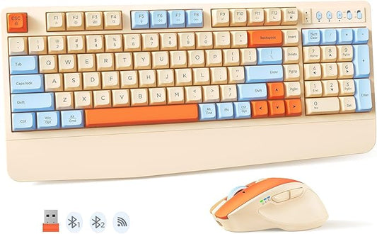 MEETION Cute Wireless Keyboard and Mouse, Colorful Retro Keycap, Bluetooth Ergonomic Rechargeable Keyboard with Detachable Wrist Rest Cover, 4 DPI Swing Mouse, for Computer/Laptop/PC/Windows/Mac Cream