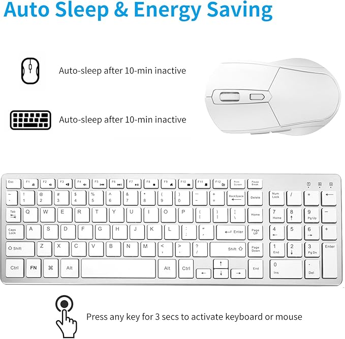 Wireless Keyboard Mouse Combo ;Compact Design with Number Pad, Rechargeable, Quiet, 2.4 GHz USB Receiver, Slim Keyboard and Ergonomic Mice Set for Windows Computer Desktop PC Laptop -Silver White