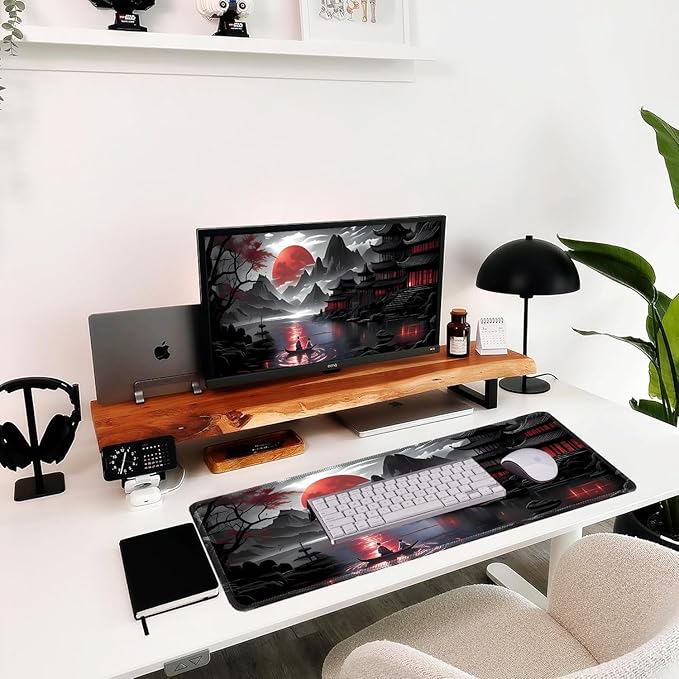 Japanese Sakura Mouse Pad 31.5x11.8 Inch Black Anime Desk Mat Large Non-Slip Rubber Base Waterproof with Stitched Edges for Gaming and Office(Red Moon)