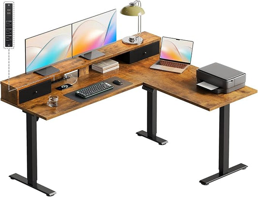 Casaottima 59 Inch Electric L-Shaped Standing Desk with Drawers, Height Adjustable Stand Up Corner Desk with Monitor Stand, Lift Table for Home, Office, Workstation, Rustic Brown