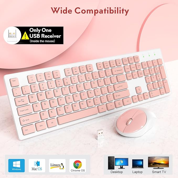 Trueque Wireless Keyboard and Mouse Combo - Full-Size Quiet Keyboard with Palm Rest, Phone Holder, Multimedia Keys, Power Switch, Batteries Included, Compatible with Windows, PC, Laptop (Pink & White)
