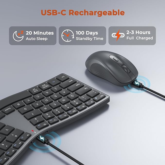 MEETION New Ergonomic Keyboard and Mouse, Director Q Split S-Curve Design, 2.4G Wireless & Dual Bluetooth, Slim Low-Profile Keys 4 DPI Mouse Rechargeable Full Size for Windows Mac PC Laptop Computer
