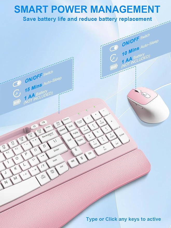 Wireless Keyboard and Mouse Combo, Wave Keys Computer Ergonomic Keyboard with Cushioned Plam Rest, Phone Holder, 2.4GHz Silent 6 Button Wireless Mouse Set for Laptop, PC, Windows, Mac (Pink)