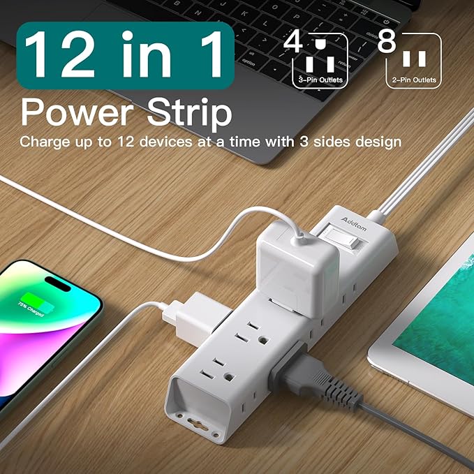 6Ft Extension Cord - Surge Protector Power Strip, Flat Plug, Addtam 12 Widely 3 Sides Outlet Extender, Wall Mount, Desktop Charging Station for Home Office College Dorm Room Essentials