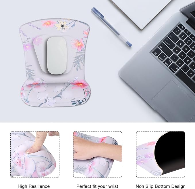 MEGREZ 4-in-1 Ergonomic Memory Foam Wrist Rest Set, Desk Pad, Mouse Pad with Wrist Rest, Keyboard Pad, Suitable for Office Workers, Programmers & Gamers–Relieve Typing & Gaming Fatigue, Pink Flower