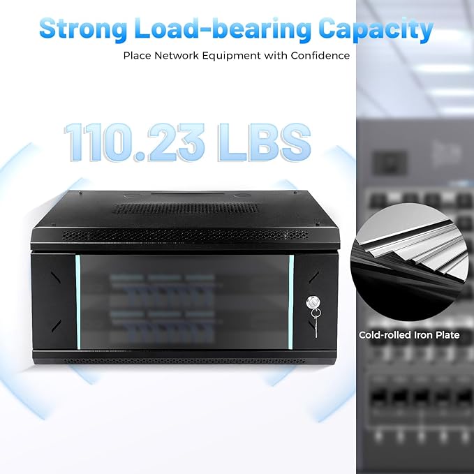 Server Rack Enclosure, 4U Wall Mount IT Network Cabinet, 17.7 Inches Deep 19 Inch Rack, Server Data Cabinet Case with Glass Door Black, Locks, Removable Side Panels for A/V Devices