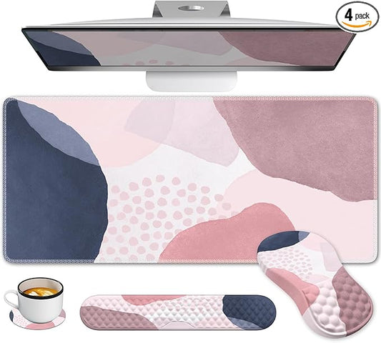 Desk Mat for Keyboard and Mouse, Ergonomic Mouse Pad Set, Pink Boho Navy