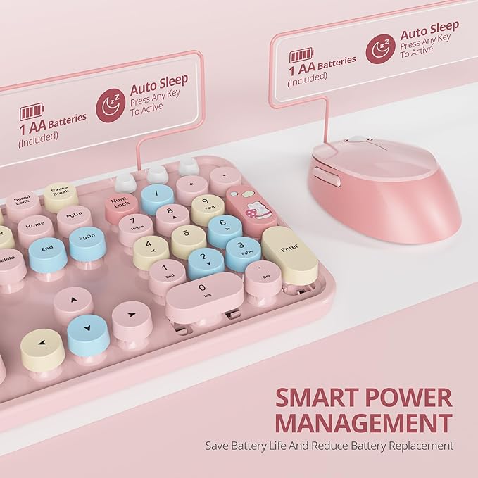 Cute Pink Keyboard and Mouse Combo Wireless, 2.4G Full Size 104-Key Retro Typewriter Keyboards Round Keys for Students Teenagers Home Office PC Laptop(Colorful Pink)