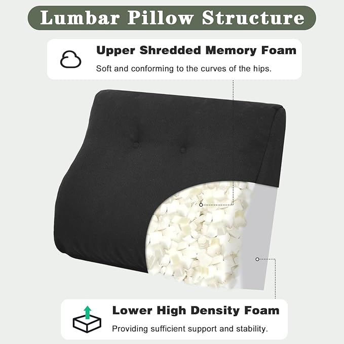 baibu Lumbar Support Pillow for Recliner, Large Memory Foam Dual-Layer Patent Design Back Support Cushion for Sofa & Gaming Chair, Ergonomic Lumbar Pillow with Machine Washable Cover, Black