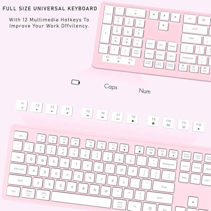 Wireless Keyboard and Mouse, 2.4GHz Cordless Keyboard Mouse Combo, Optical Mouse, Plug and Play USB Receiver, Compatible with Windows, Mac, Laptop, and PC（White Pink）
