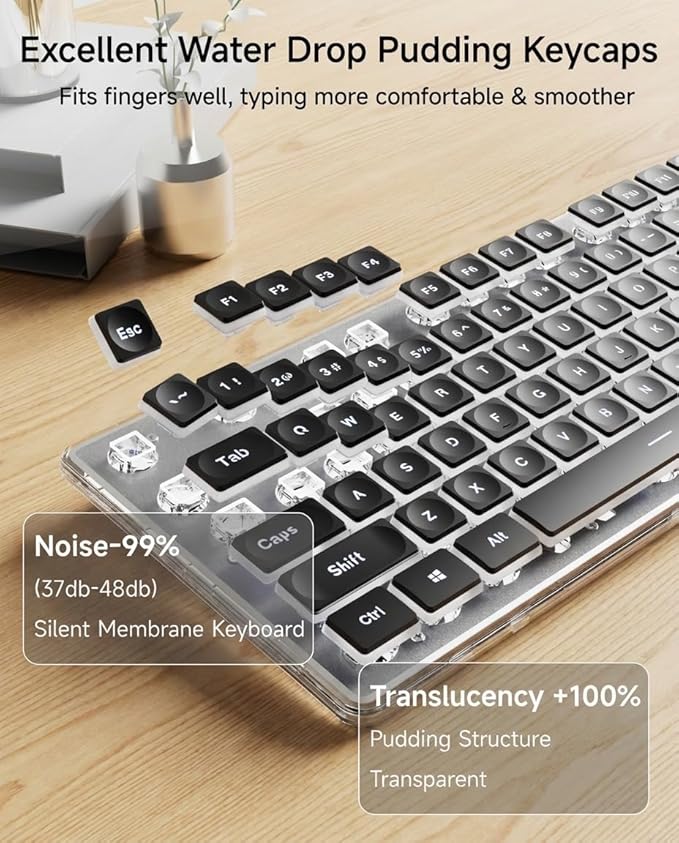 EWEADN GX710S Backlit Computer Keyboards, Wired USB Keyboard with White Backlit, Metal Panel, Plug and Play, Pudding Keycaps Full Size Quite Computer Keyboard for Win/PC/Laptop-Black