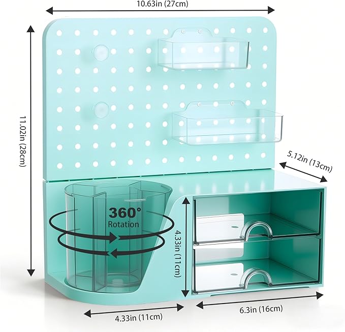 Comix Desk Organizer with 2 Drawer, Multifunctional Pen Holder for Desk, Desktop Organizer with Pegboard + Drawer + 5 Slots Pencil Holder for Office Home Art Supplies (Green)