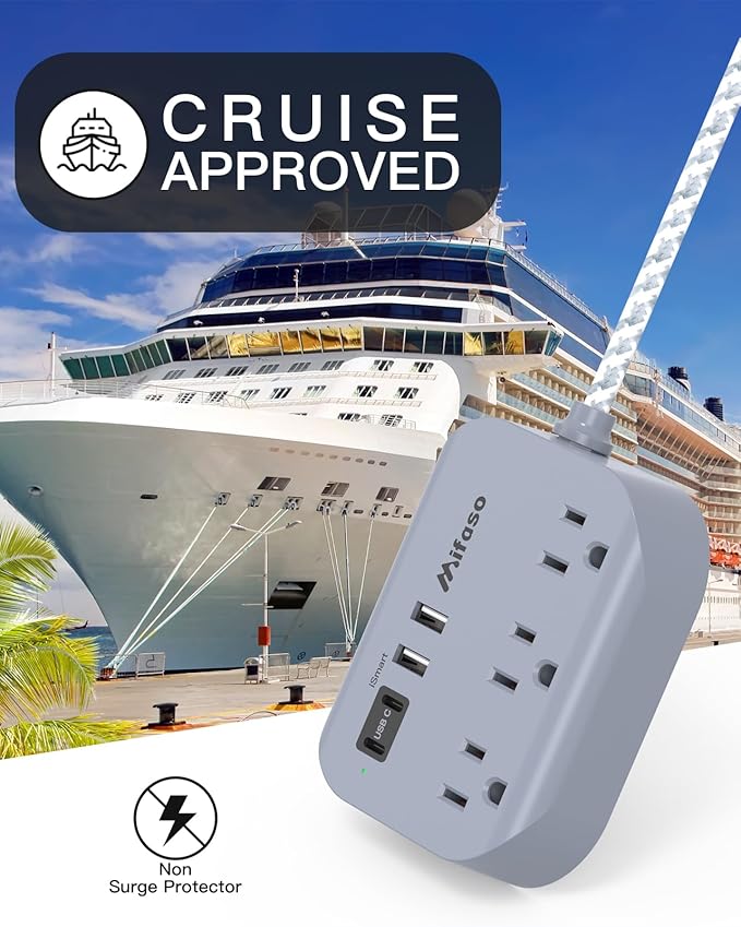 Cruise Ship Essentials - 3Ft Flat Extension Cord with Multiple Outlets, Power Strip USB Charging Station with Non Surge Protector for Cruise Ship, Travel, Dorm Room Essentials, Grey