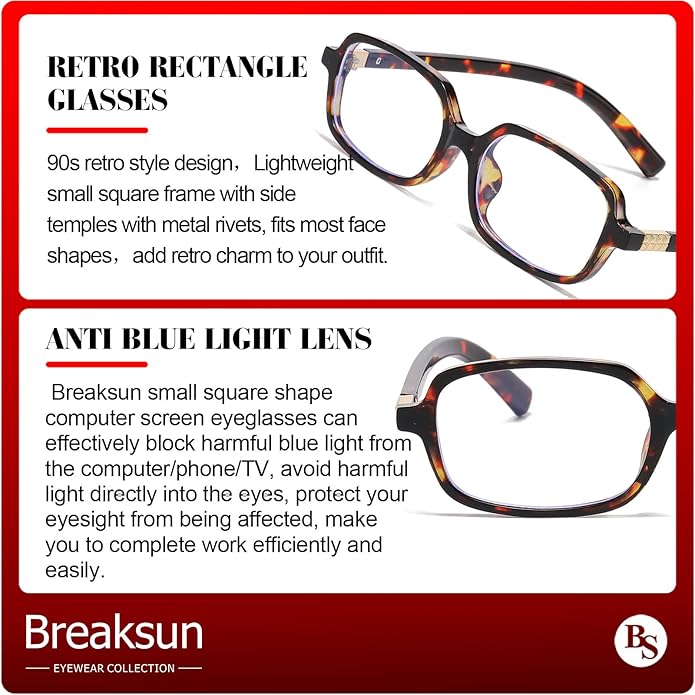 Retro Rectangle Glasses for Women Men Small Square Blue Light Blocking Glasses Vintage Eyeglasses