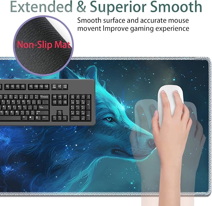 Large Gaming Mouse Pad + Keyboard Wrist Rest + Wrist Support + Coaster Set, Memory Foam Ergonomic for Easy Typing, XXL Extended Gaming Mouse Pad Table Pad - Nebular Wolf