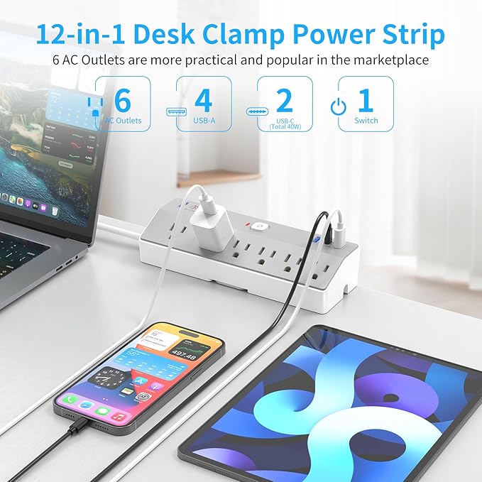 Desk Clamp Power Strip with 40W Fast Charging USB-C, JXGUCAT 10Ft Desk Mount Surge Protector with 6 Outlets 6 USB Ports, Flat Plug Extension Cord Home Office Essentials, Fit 2.48" Tabletop Edge