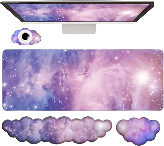 Cloud Wrist Rest Keyboard Purple Cloud Mouse Pad Set 4PCS Galaxy Large Desk Mat Ergonomic Space Wrist Pad Support Memory Foam Non-Slip Wrist Rest for Keyboard and Mouse Computer Gaming Home Office